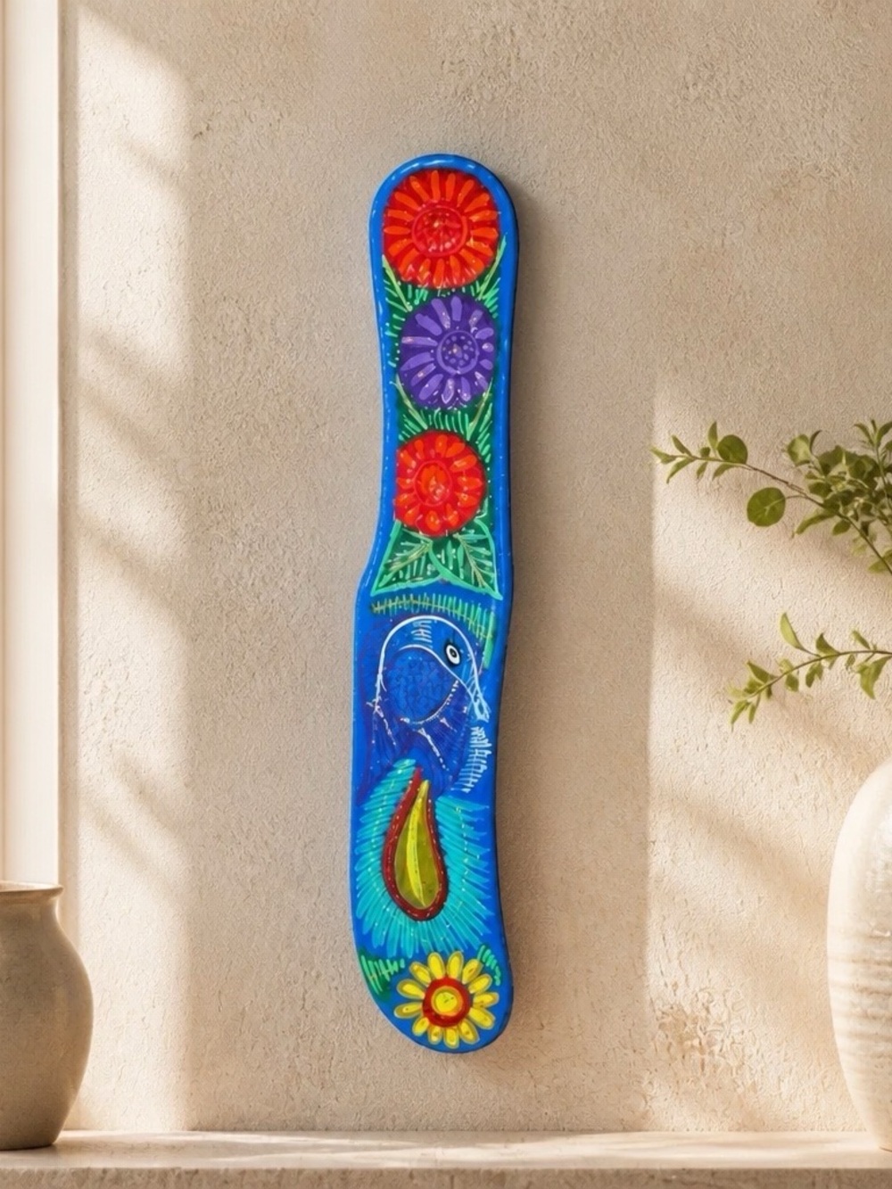 Traditional hand-painted Xalitla clay knife decor from Guerrero, Mexico
